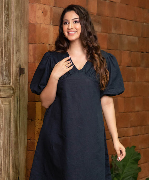 Deep Vneck Mini Linen Dress